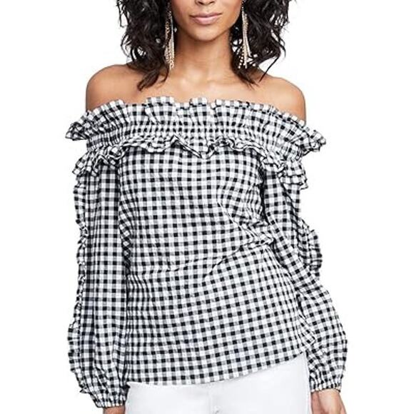 RACHEL Rachel Roy Ruffled Gingham Off The Shoulder Top Long Sleeve Preppy Blouse - Picture 1 of 14